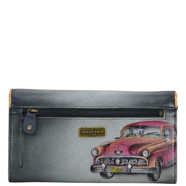 Wallet with vintage car design and brand logo on a white background - okotoks hc pharmacy