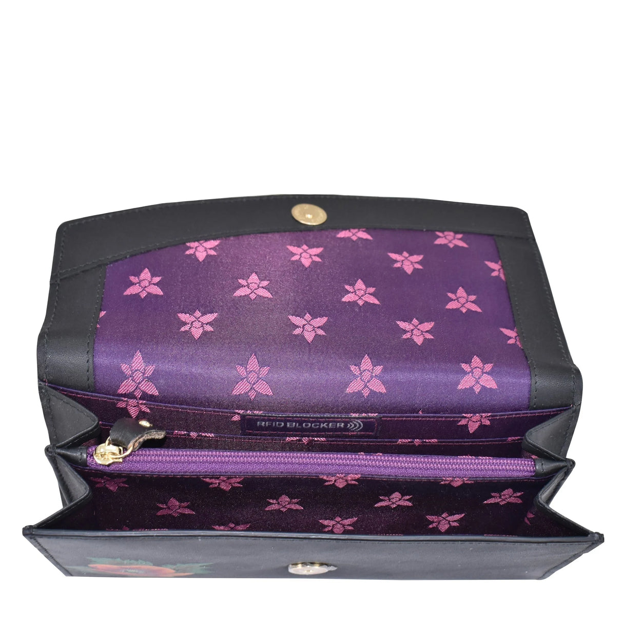 Purple clutch bag with pink floral pattern on a white background - okotoks hc pharmacy