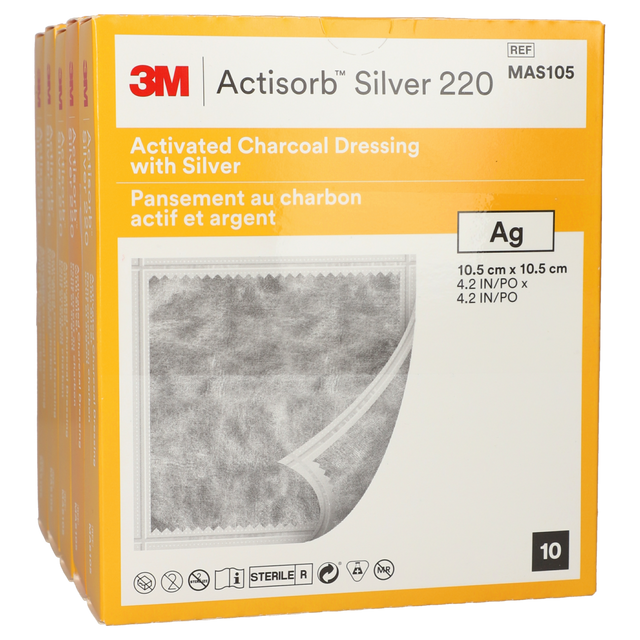 Box of 3M Actisorb Silver 220 with activated charcoal dressing on a white background - okotoks hc pharmacy