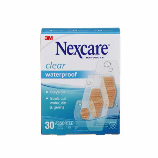 Box of Nexcare clear waterproof bandages on a white background - okotoks hc pharmacy