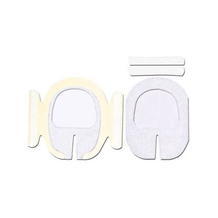 Two white adhesive patch pieces with curved cutouts and two small rectangular tabs, shown on a plain white background. - okotoks hc pharmacy