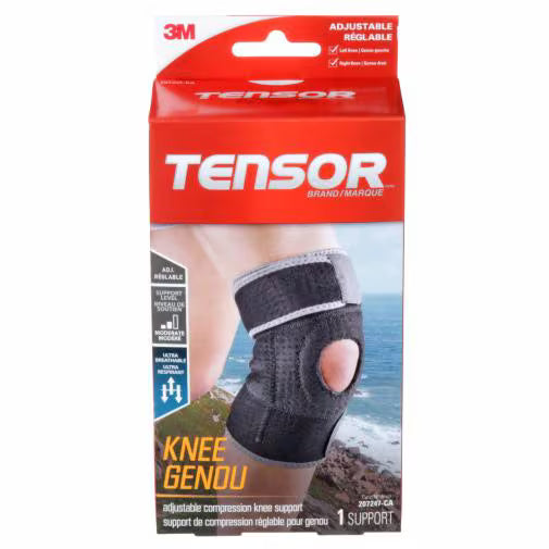 Tensor knee support packaging with a person wearing the support on a scenic background - okotoks hc pharmacy