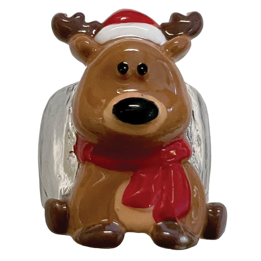 Reindeer figurine with a Santa hat and red scarf on a white background - okotoks hc pharmacy