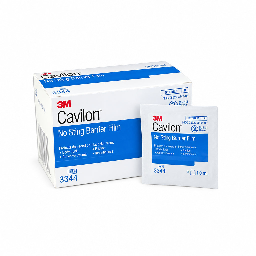 A box and single packet of 3M Cavilon No Sting Barrier Film white glove kit, product number 3344, on a plain white background. - okotoks hc pharmacy