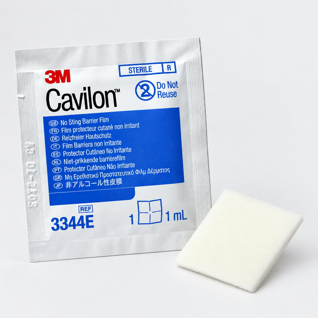 A 3M Cavilon sterile 1 mL wound care dressing packet shown next to the white dressing itself on a plain white background. - okotoks hc pharmacy