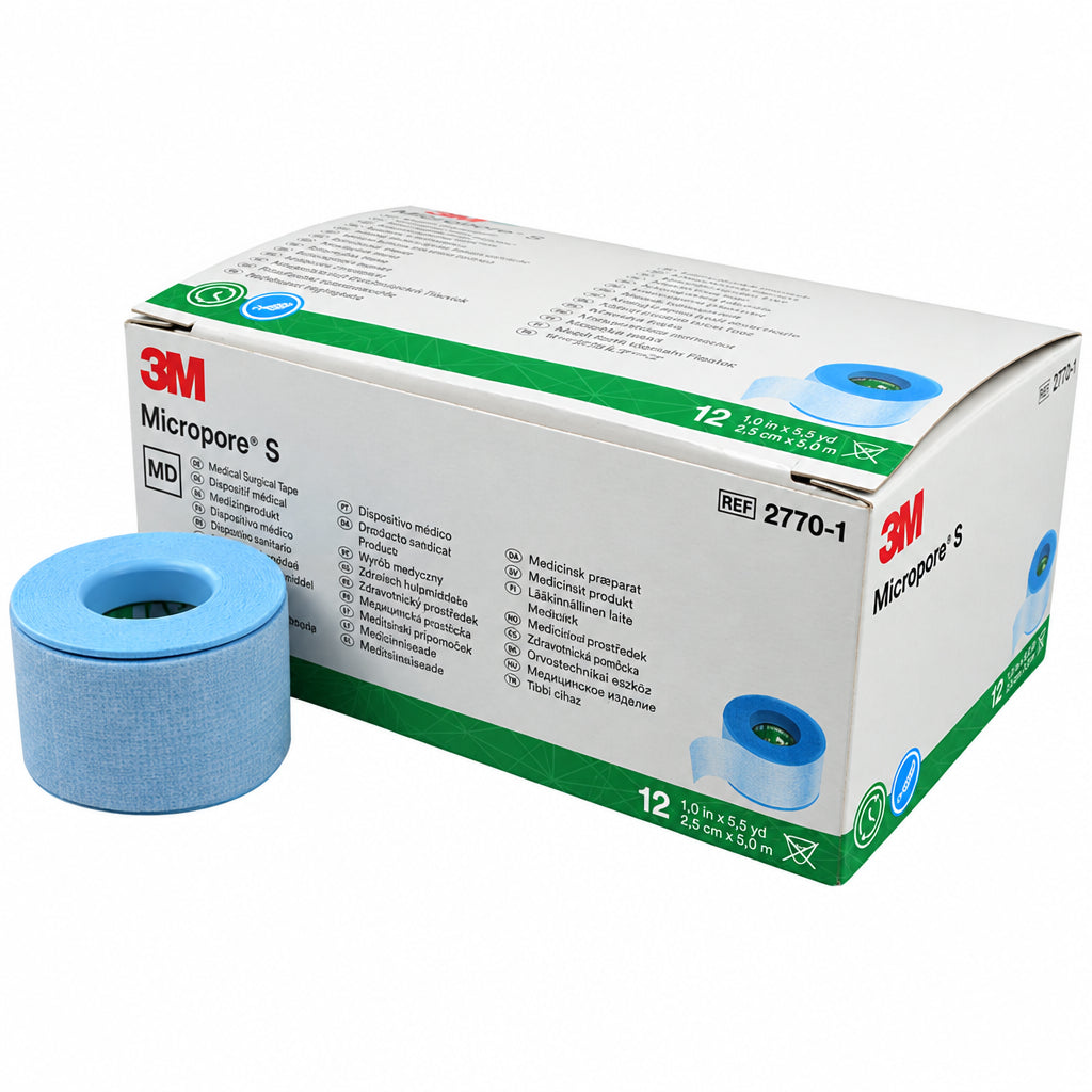 Box of 3M Micropore S medical tape with a roll of tape on a white background - okotoks hc pharmacy