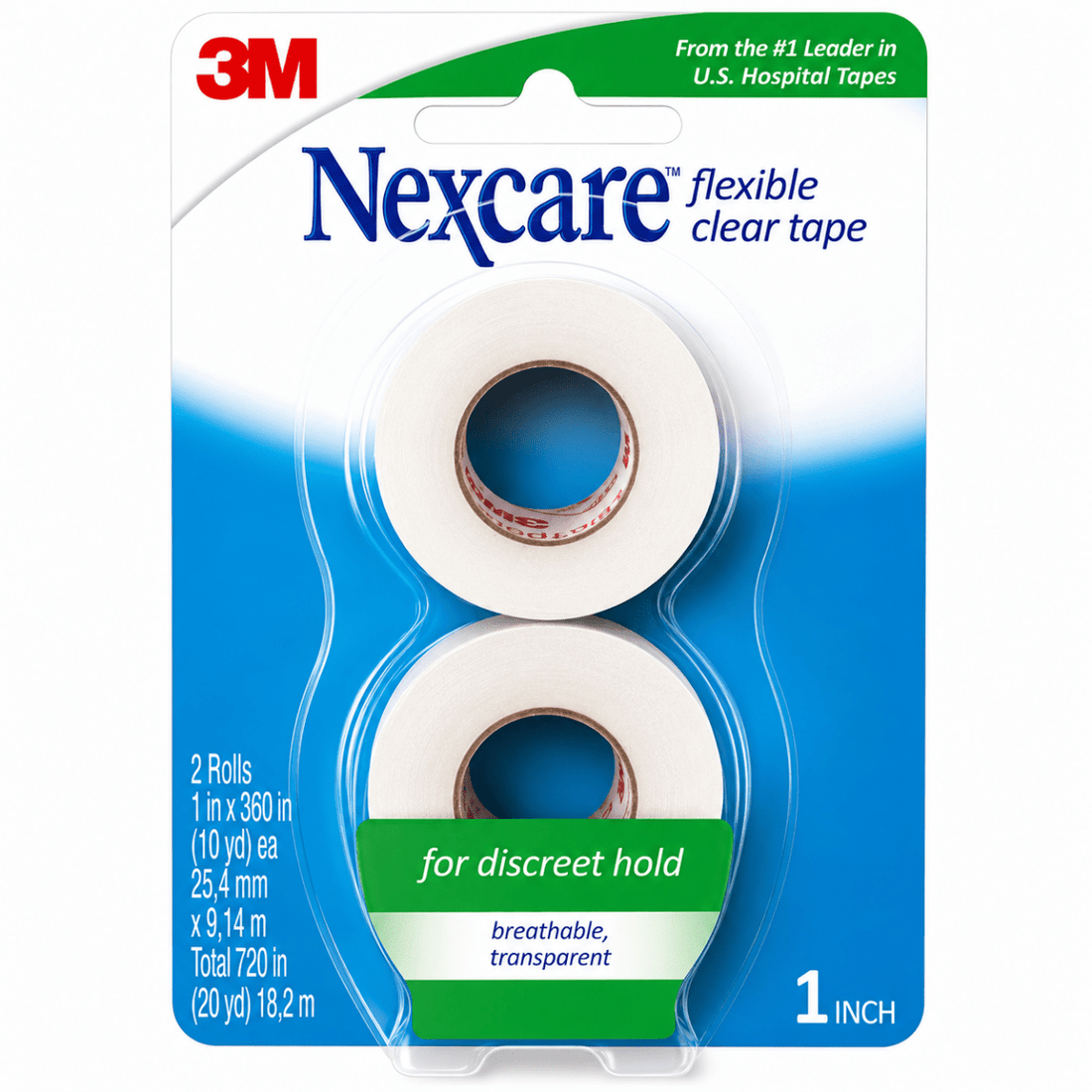 A retail package of 3M Nexcare flexible clear tape containing two rolls of white transparent tape on a blue and white backing card. - okotoks hc pharmacy