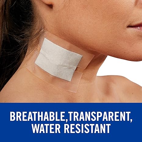 Transparent adhesive patch on skin with text 'Breathable, Transparent, Water Resistant' below. - okotoks hc pharmacy