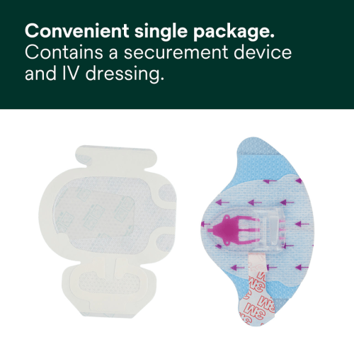 IV dressing and securing device with text about convenience and package contents. - okotoks hc pharmacy
