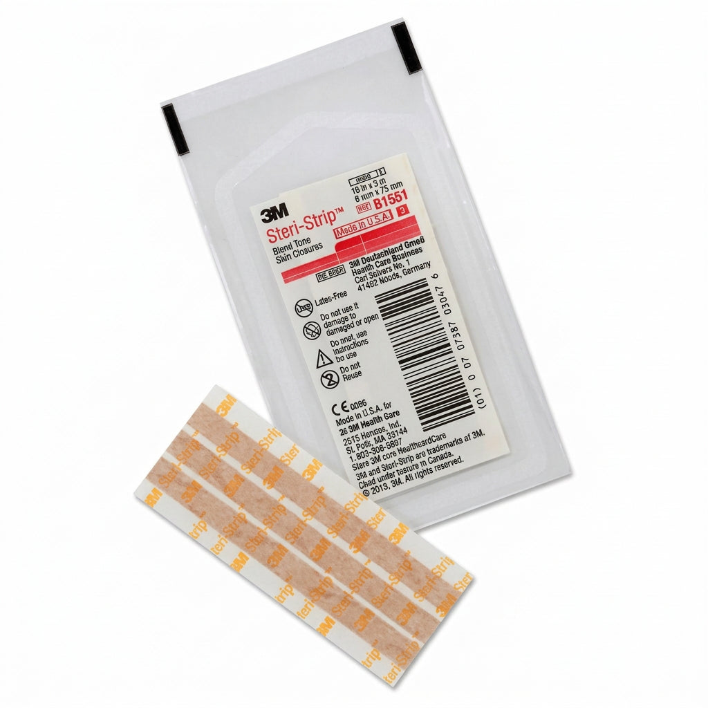 Strip of adhesive bandages with packaging labeled '3M Steri-Strip' on a white background. - okotoks hc pharmacy