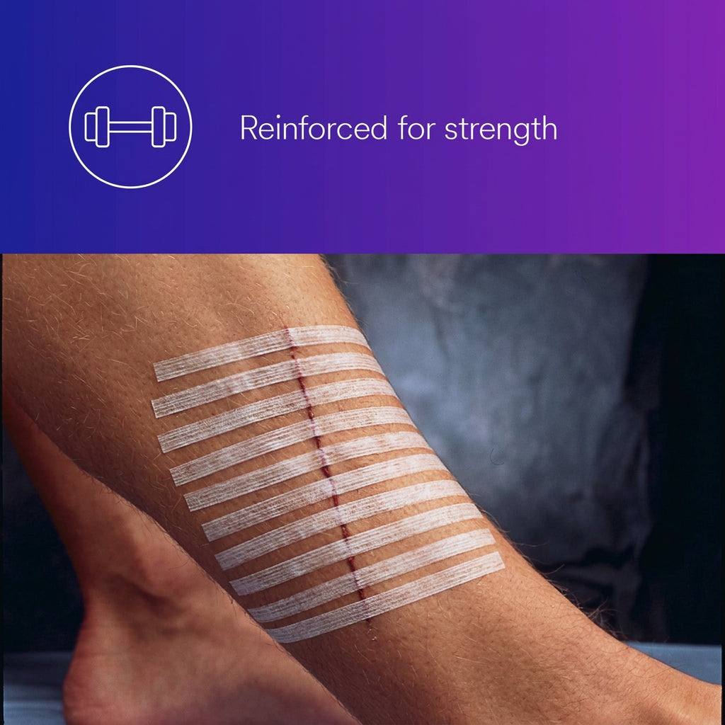 Strips of adhesive tape applied to a person's arm with a purple background - okotoks hc pharmacy