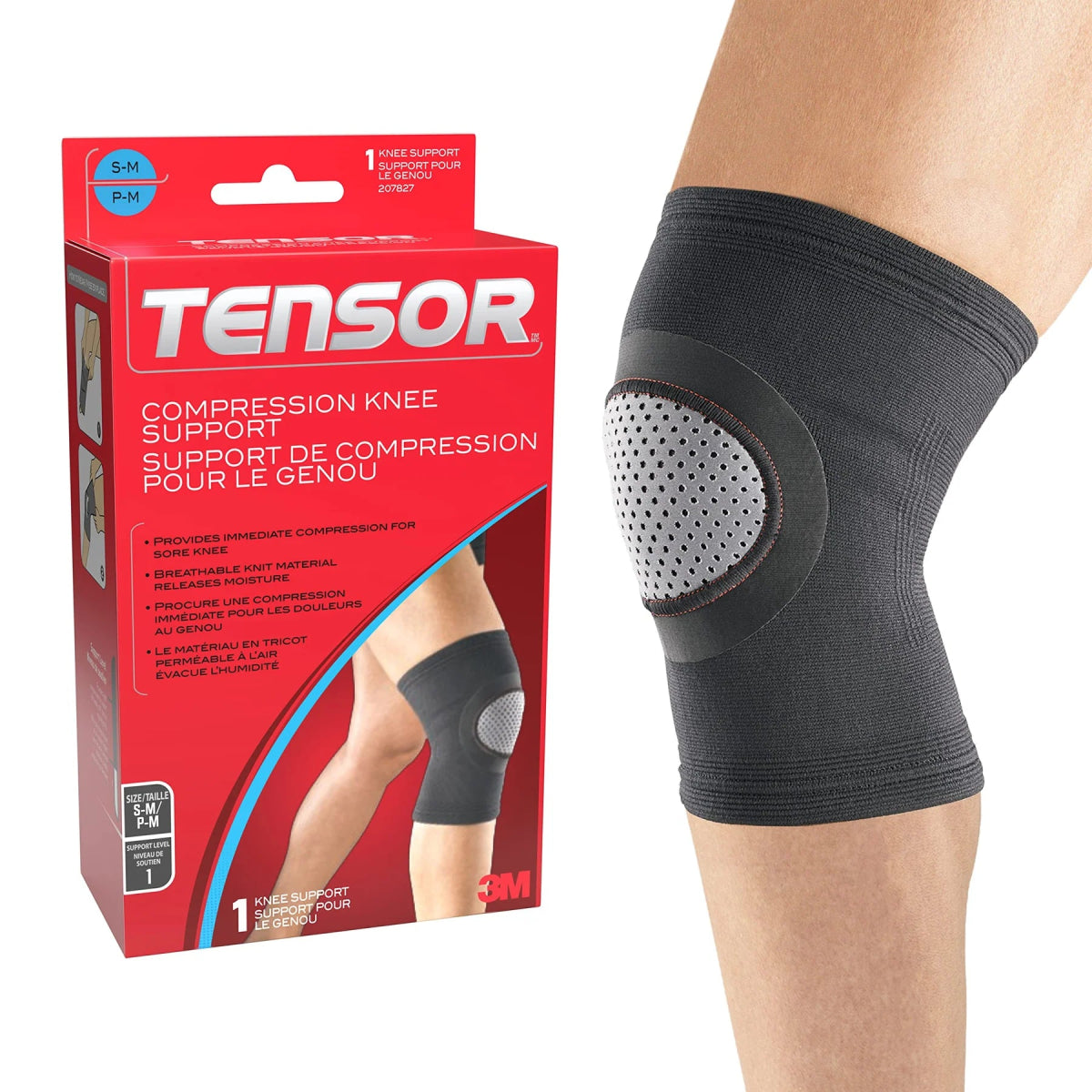 Black compression knee support with Tensor packaging on a white background - OKOTOKS HC PHARMACY