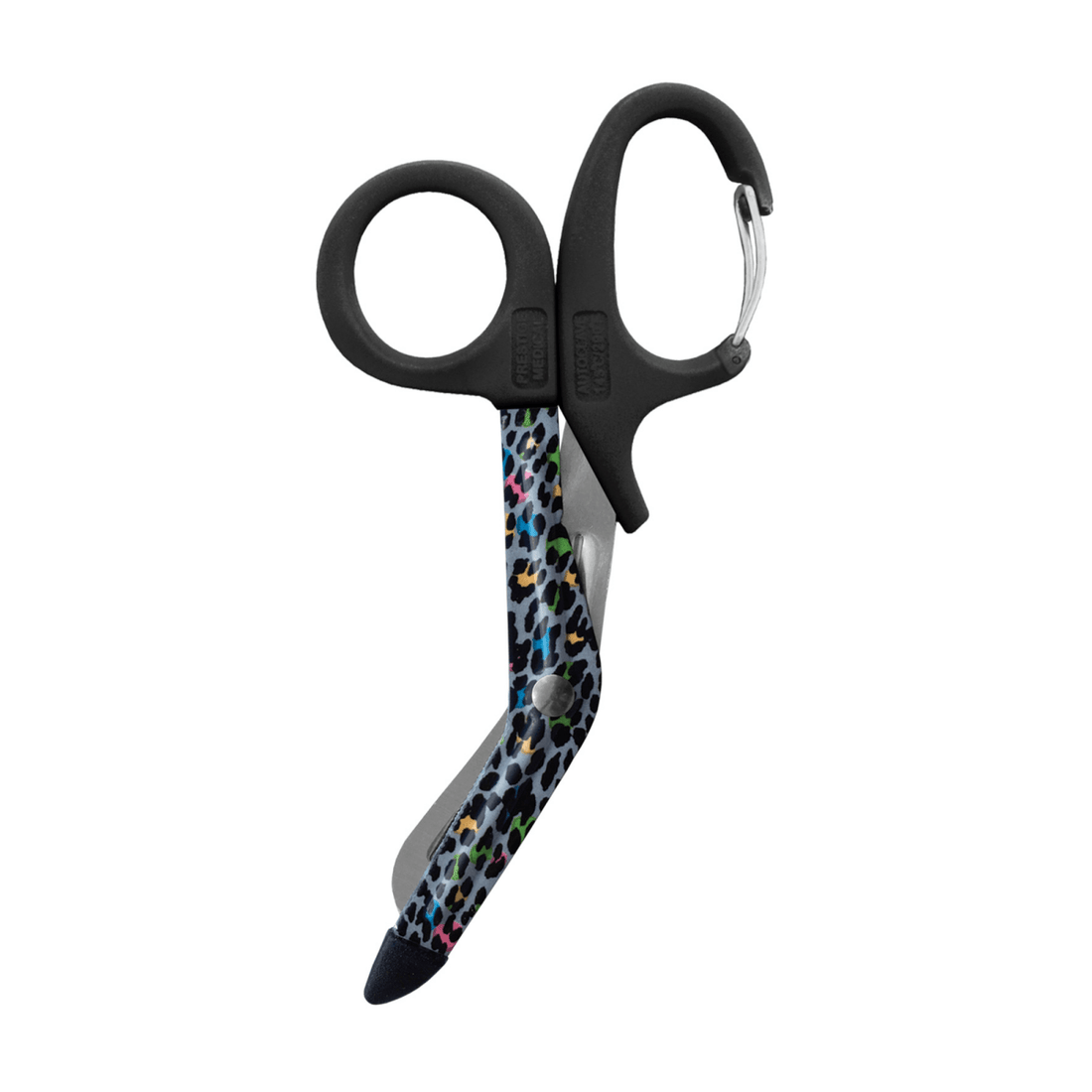 Scissors with black handles and colorful patterned blades on a white background - okotoks hc pharmacy