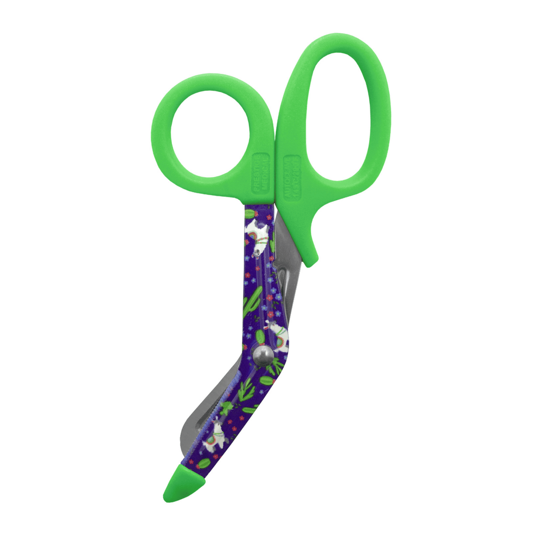 Scissors with green handles and a colorful pattern on the blade on a white background - okotoks hc pharmacy