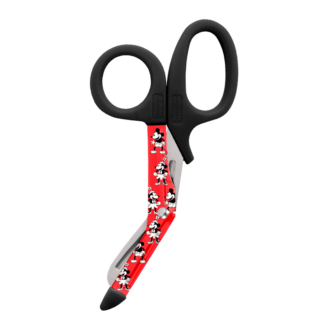 Scissors with black handles and a red blade featuring cartoon characters on a white background - okotoks hc pharmacy
