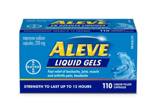 Box of Aleve Liquid Gels on a white background - okotoks hc pharmacy