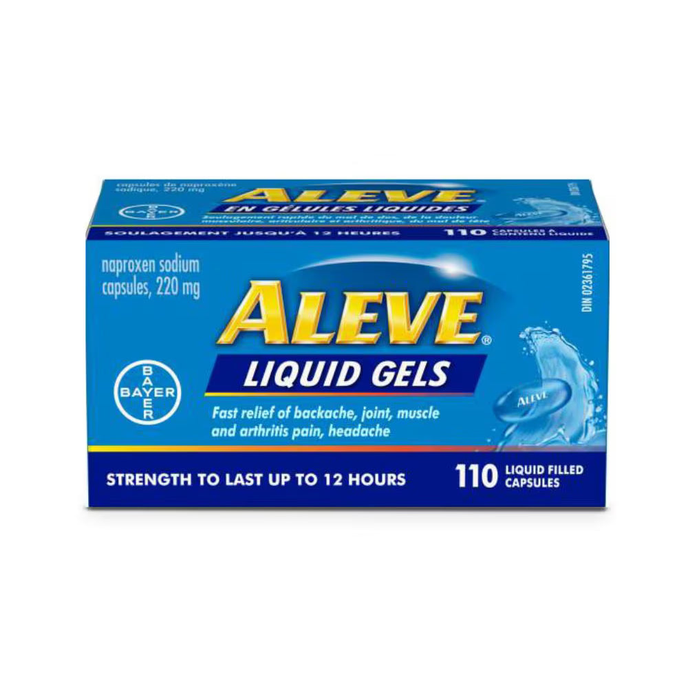 Box of Aleve Liquid Gels on a white background - okotoks hc pharmacy
