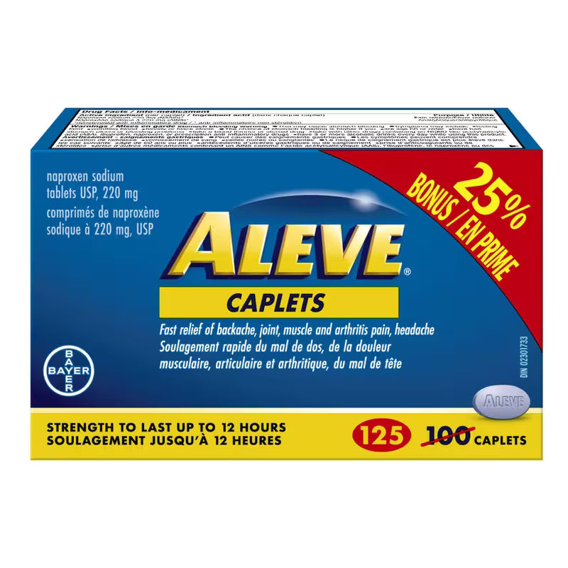 Box of Aleve caplets with blue and red design - okotoks hc pharmacy