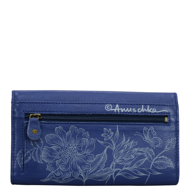 Blue wallet with floral designs and 'Anuschka' branding on a white background - okotoks hc pharmacy