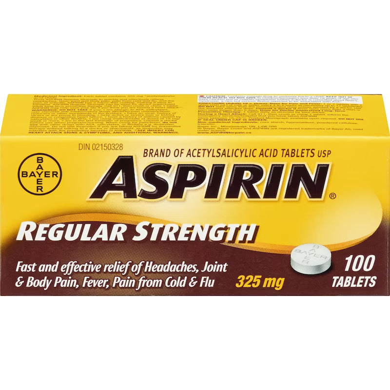 Aspirin regular strength packaging with yellow and brown design - Okotoks HC pharmacy