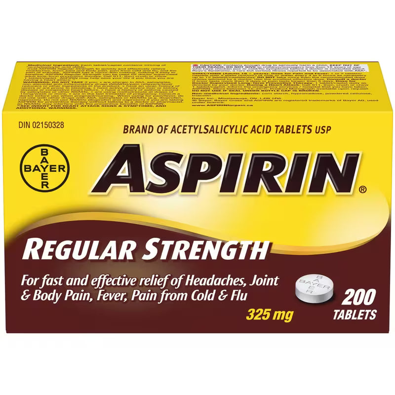 Box of Bayer Aspirin regular strength tablets on a white background -Okotoks HC Pharmacy