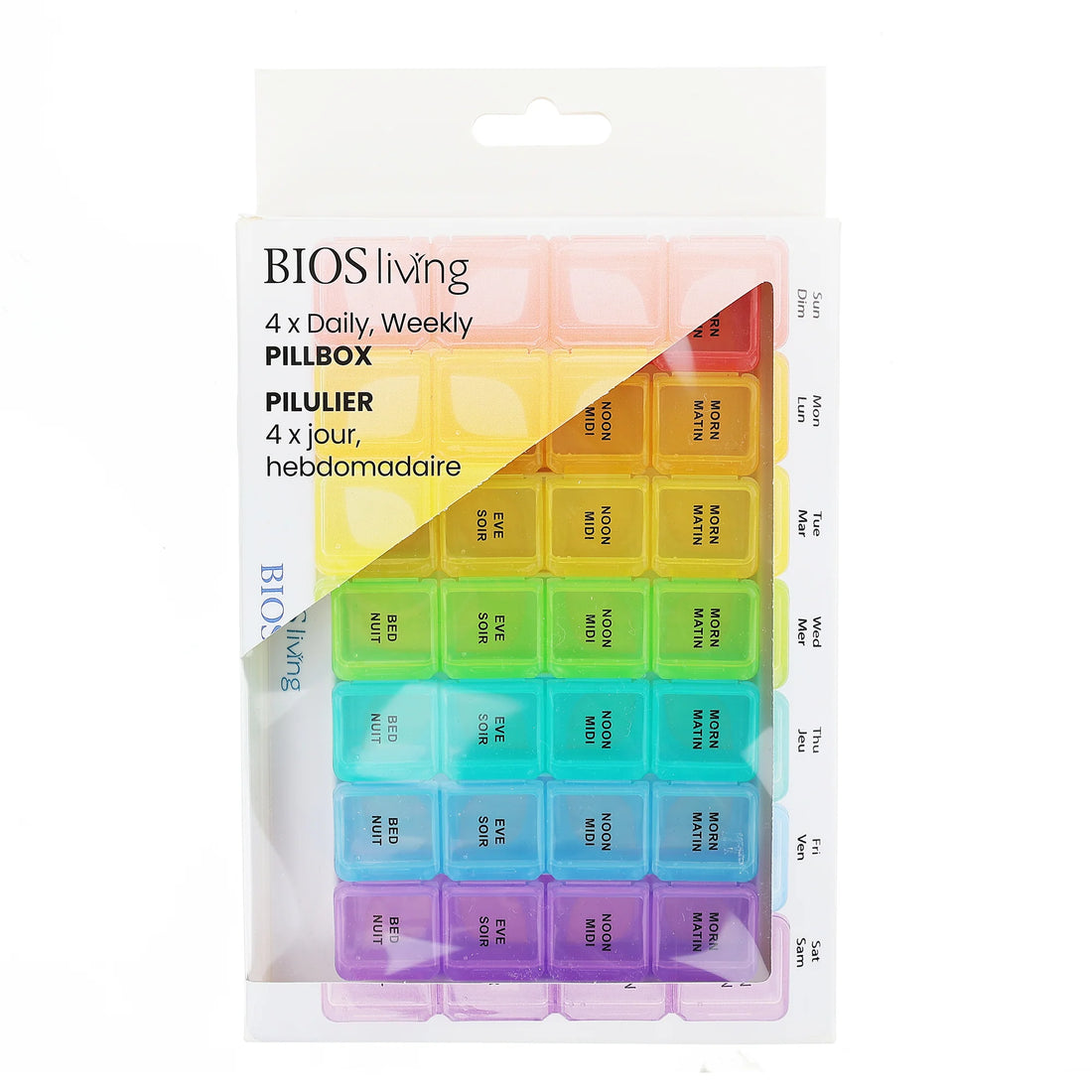 Colorful pill organizer with BIOS living branding on a white background - okotoks hc pharmacy