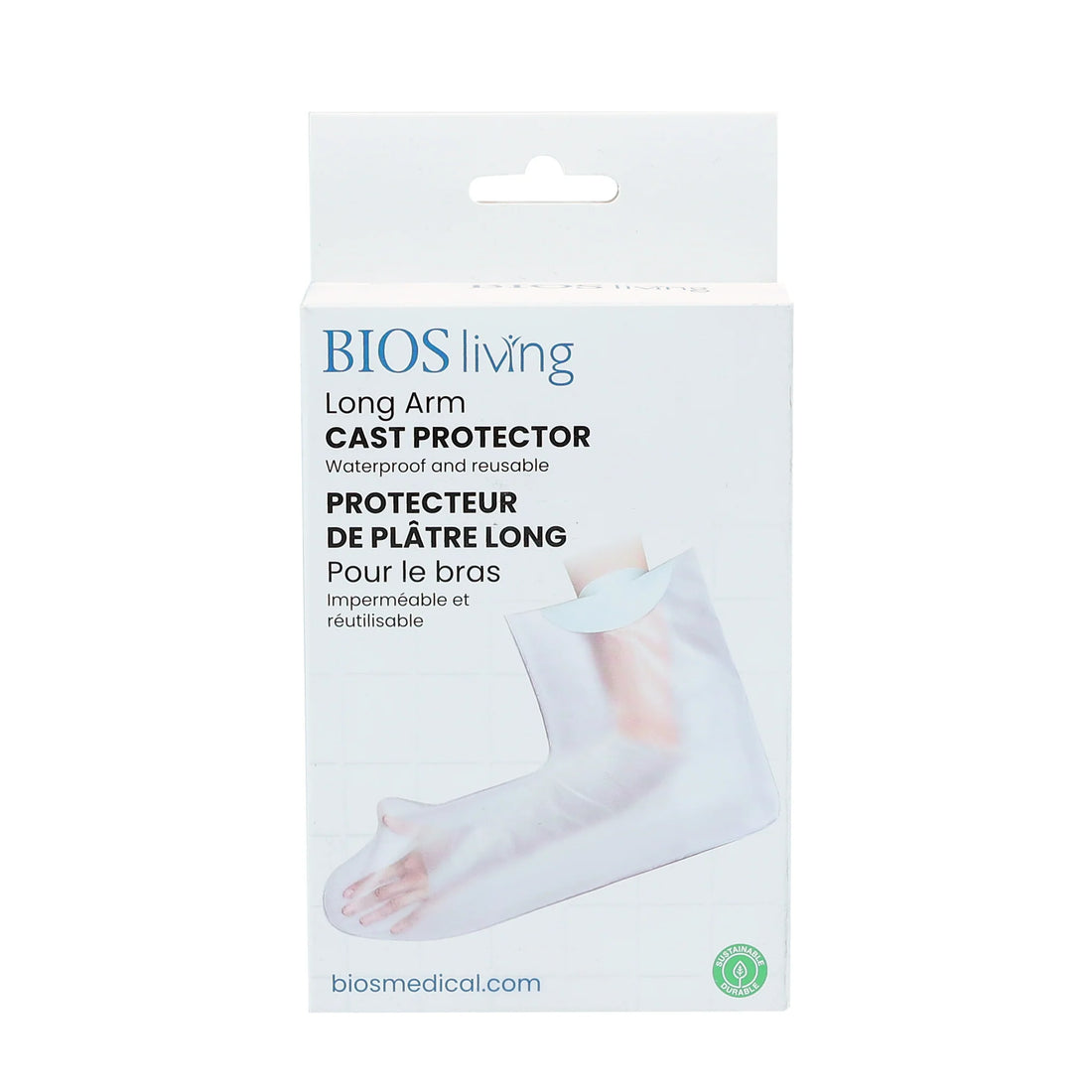 BIOS living Long Arm Cast Protector packaging, featuring a white box with a photo of a foot in a transparent cast sleeve and blue and black text. - okotoks hc pharmacy