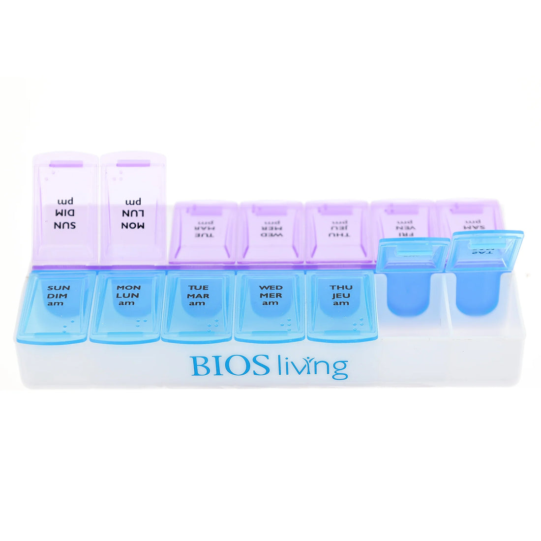 Weekly pill organizer with compartments labeled for each day of the week, featuring the brand 'BIOS living'. - okotoks hc pharmacy