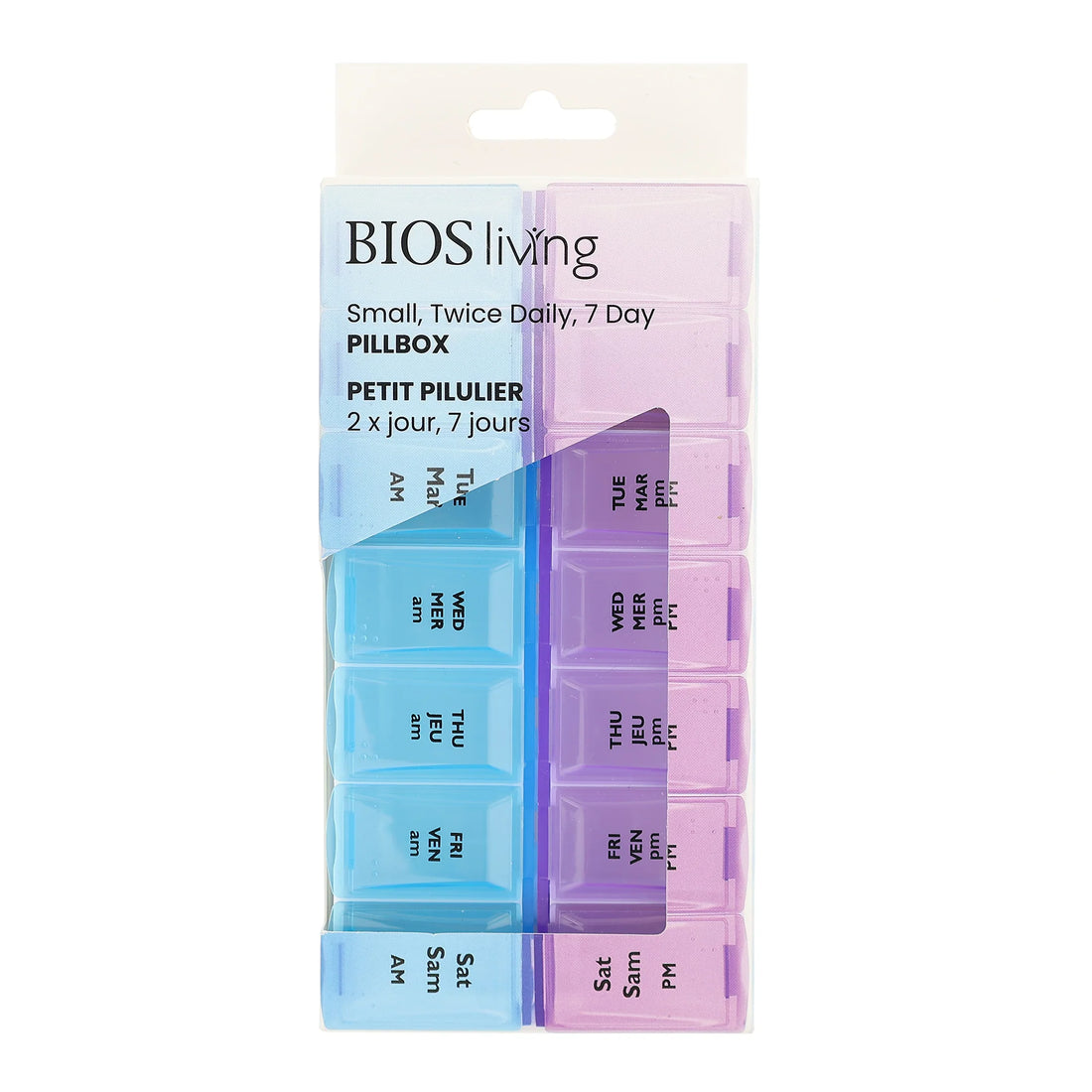 7-day pillbox with blue and purple compartments for daily medication, branded 'BIOS living'. - okotoks hc pharmacy