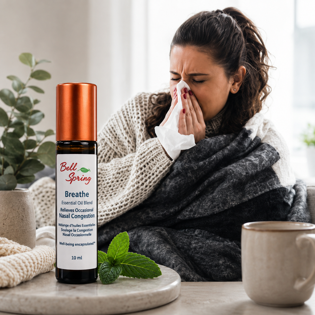A woman wrapped in a gray blanket and wearing a knit sweater sits indoors, holding a tissue to her nose. In the foreground, a small essential oil bottle labeled Bell Spring Breathe sits on a tray beside mint leaves and a mug. - okotoks hc pharmacy