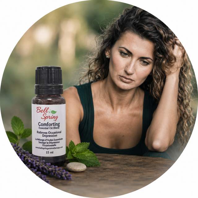A woman with curly brown hair sits at a wooden table with a bottle of Bell's Spring Comforting Essential Oil Blend, surrounded by green leaves, purple lavender, and a stone, in a circular frame with a blurred green background. - okotoks hc pharmacy
