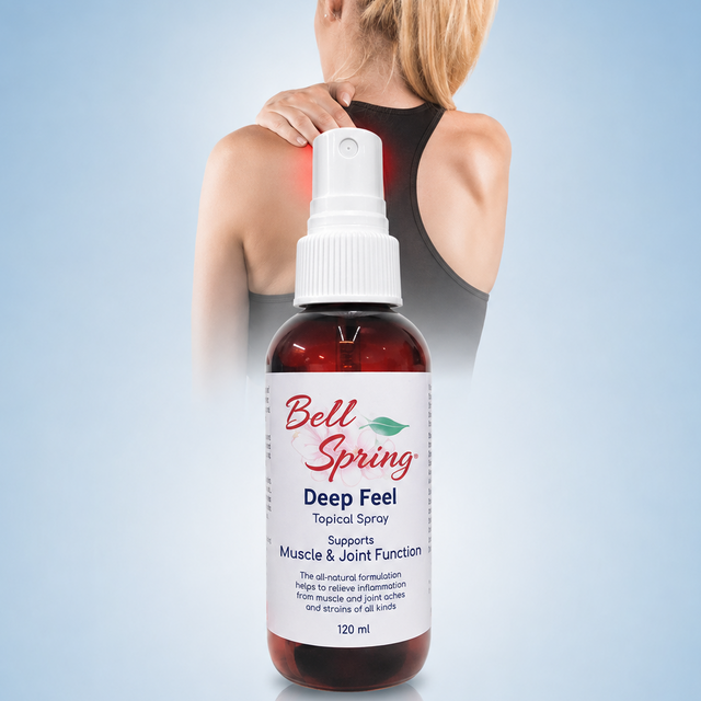 Bell Spring Deep Feel Topical Spray in an amber bottle with a white spray cap, shown in front of a woman seen from behind holding her neck with a red pain indicator overlay, on a light blue gradient background. - okotoks hc pharmacy
