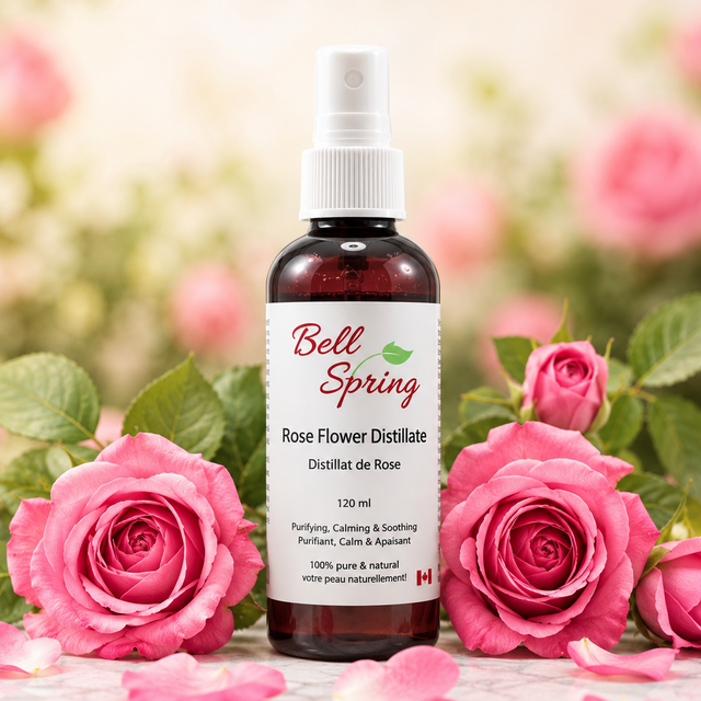 A bottle of Bell Spring Rose Flower Distillate centered on a marble surface, surrounded by fresh pink roses and petals with a soft, blurred garden background. - okotoks hc pharmacy