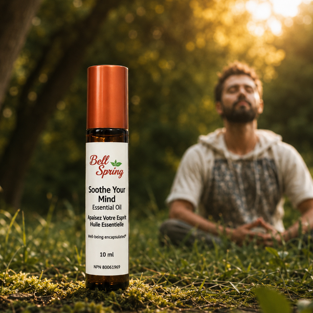 A 10 ml roll-on bottle of Bell Spring Soothe Your Mind Essential Oil stands on a mossy forest floor, with a blurred man meditating in a sunlit forest in the background. - okotoks hc pharmacy