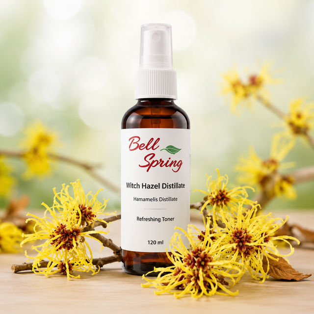 Bell Spring Witch Hazel Distillate Refreshing Toner in a 120 ml amber glass spray bottle, styled with yellow witch hazel flowers on a wooden surface against a soft, blurred green bokeh background. - okotoks hc pharmacy