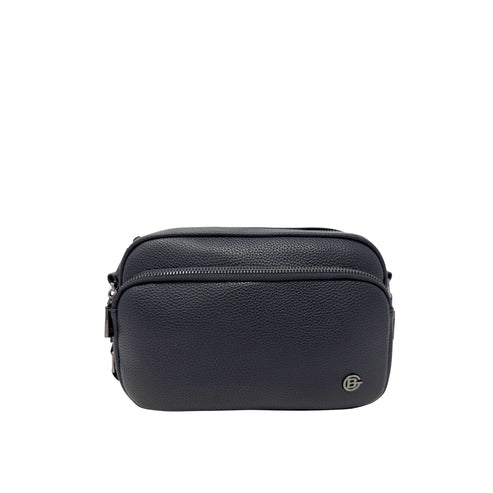 A black pebbled leather crossbody bag with a top zipper, shown against a plain white background. A small circular interlocking 'G' logo is visible on the bottom right corner. - okotoks hc pharmacy
