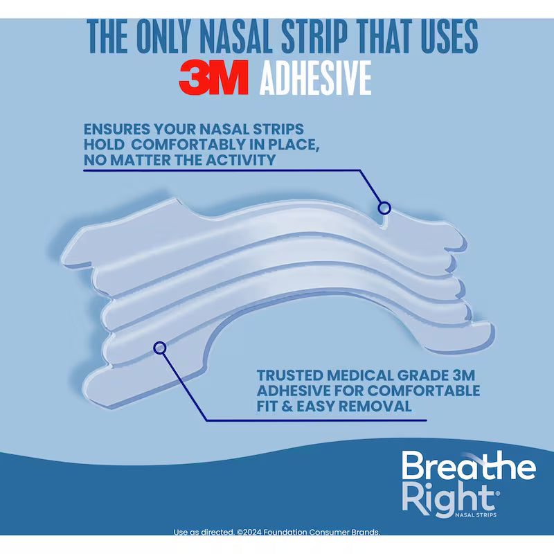 Breathe Right nasal strip advertisement with 3M adhesive on a blue background - okotoks hc pharmacy