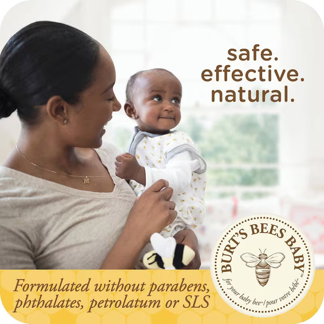 Woman holding a baby with Burt's Bees Baby branding and product safety information. - okotoks hc pharmacy