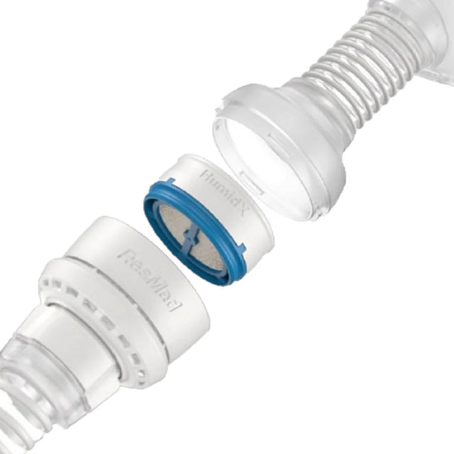 Two white plastic connectors with blue gaskets on a white background - okotoks hc pharmacy
