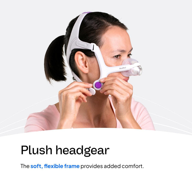 Woman using cpap device with plush headgear on a light gray background. - okotoks hc pharmacy