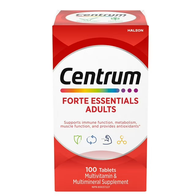Centrum Forte Essentials Adults multivitamin supplement box on a white background - okotoks hc pharmacy