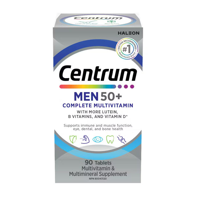 Centrum Men 50+ multivitamin supplement packaging on a white background - okotoks hc pharmacy