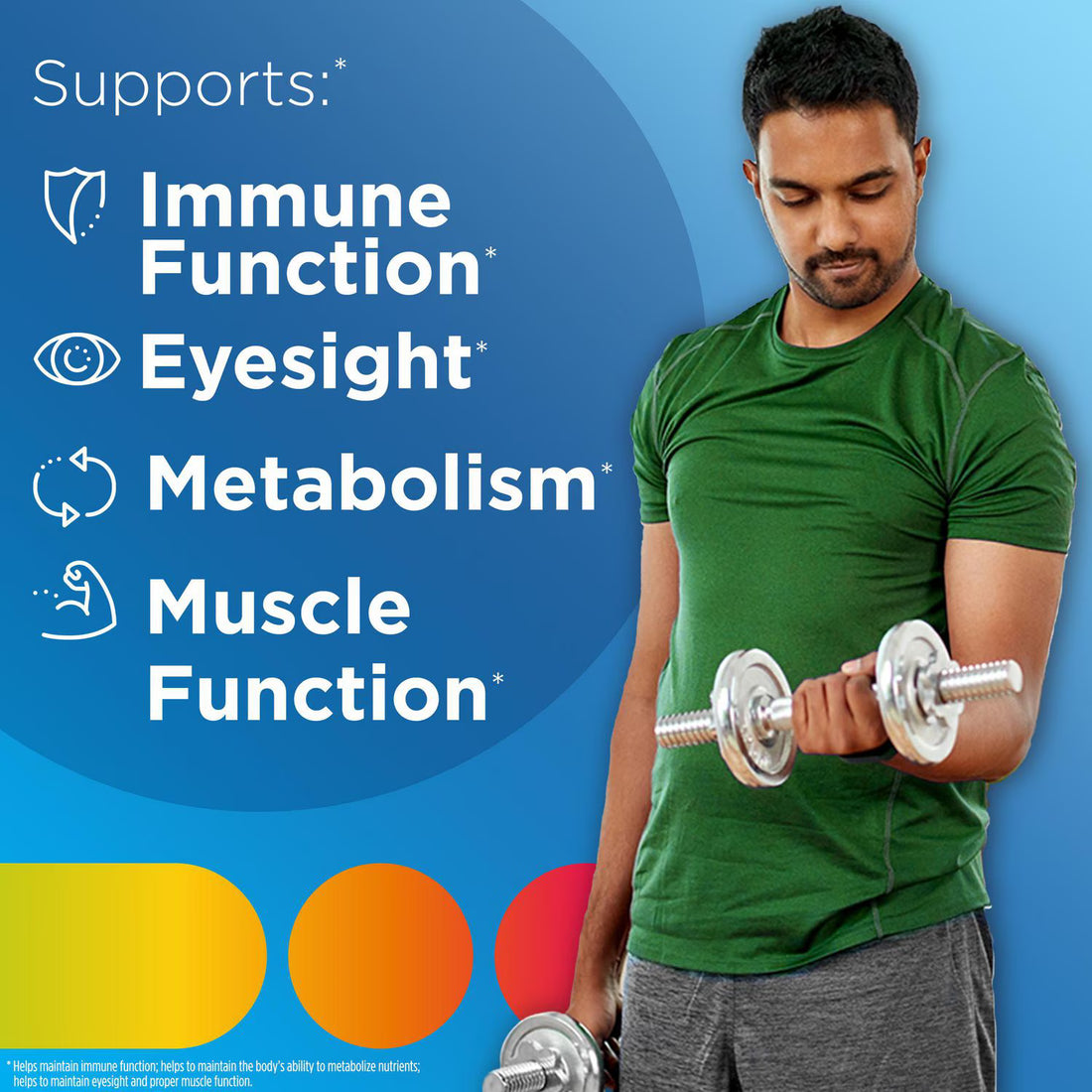 Man lifting weights with text about immune function, eyesight, metabolism, and muscle function on a blue background - okotoks hc pharmacy