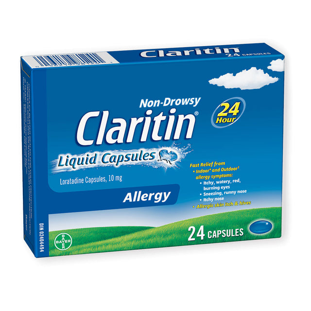 Box of Claritin Non-Drowsy Liquid Capsules on a white background - okotoks hc pharmacy