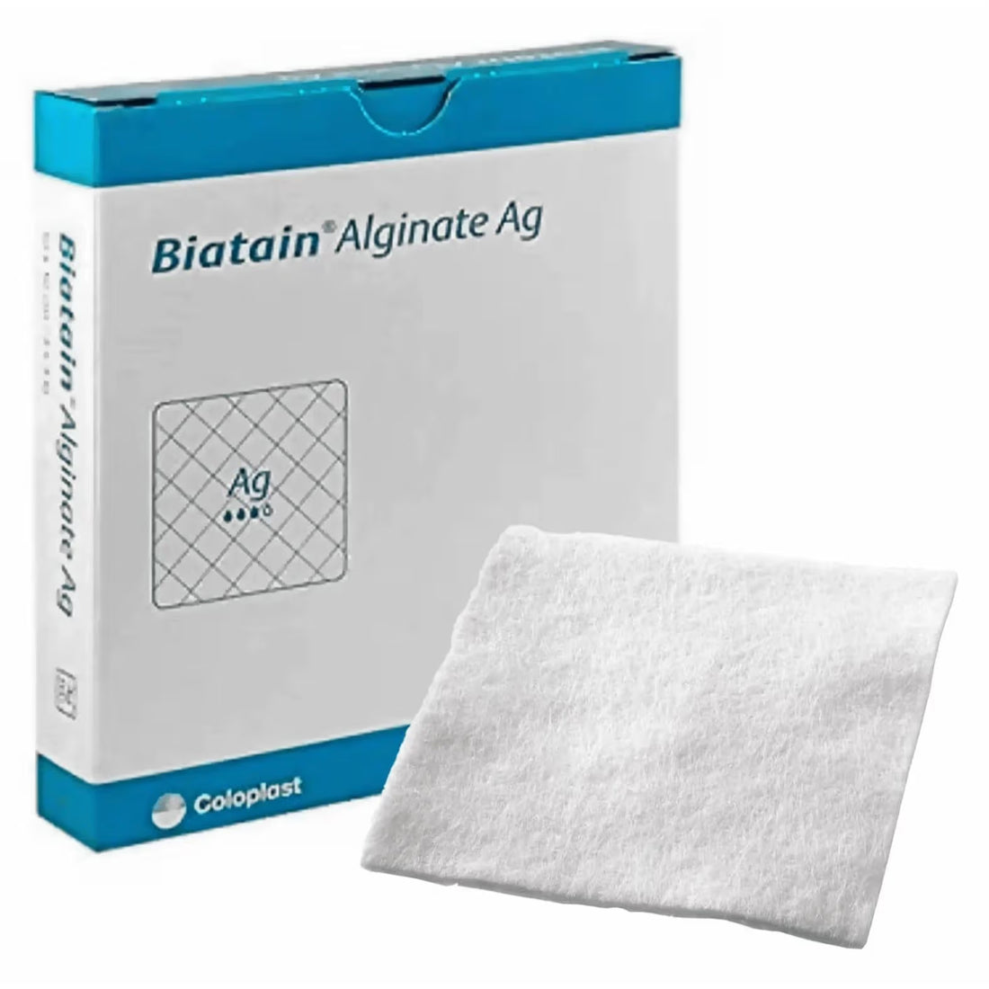 Box of Biatain Alginate Ag with a sample pad on a white background - okotoks hc pharmacy