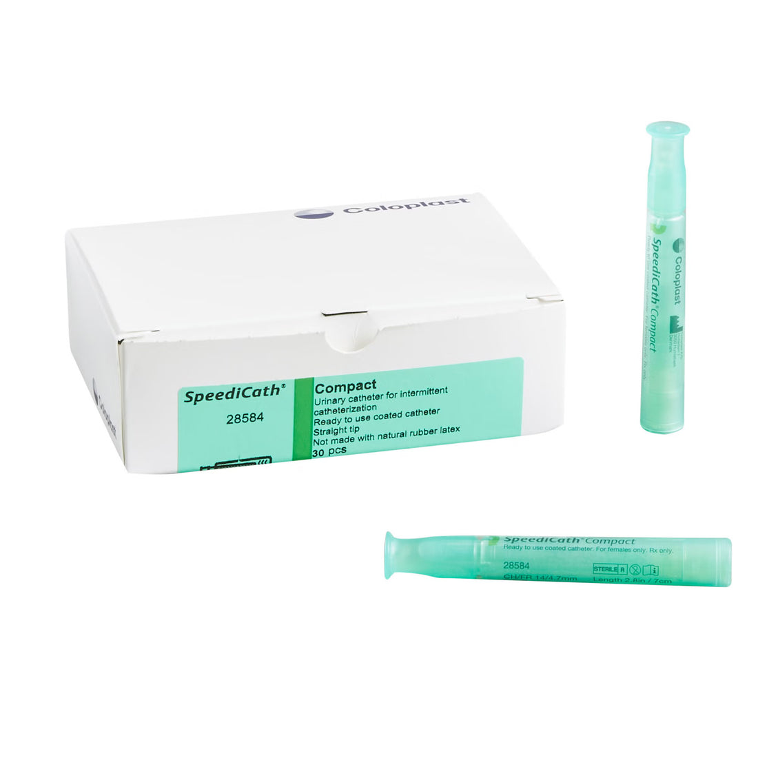 A white SpeediCath Compact box with a teal label, shown alongside two individual light green translucent syringe-style applicator vials on a plain white background. - okotoks hc pharmacy