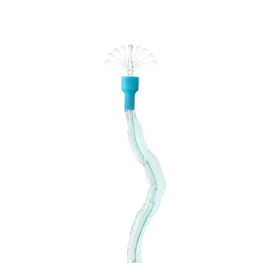 A clear silicone wavy tube with a bright turquoise blue connector and a small cluster of clear silicone buds at the top, isolated on a white background. - okotoks hc pharmacy