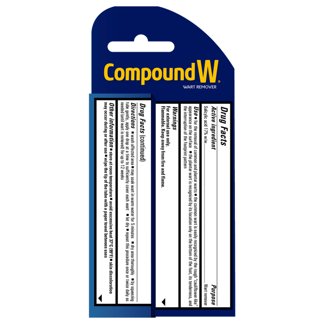 Compound W wart remover packaging with blue and yellow design on a white background - okotoks hc pharmacy