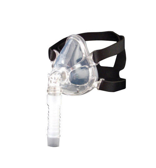 CPAP mask with clear facepiece and black headgear on a white background - okotoks hc pharmacy