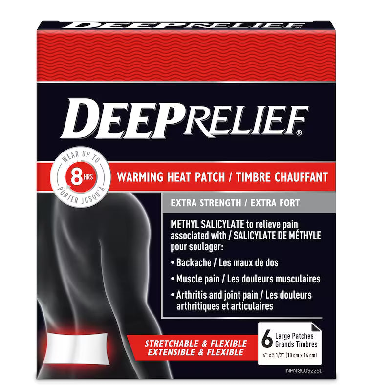Box of Deep Relief warming heat patches with text and branding. -Okotoks HC Pharmacy